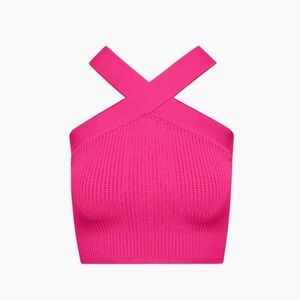 Babaton NWT Aritzia Hot Pink Criss Cross Sculpt Knit Cropped Top Size XS